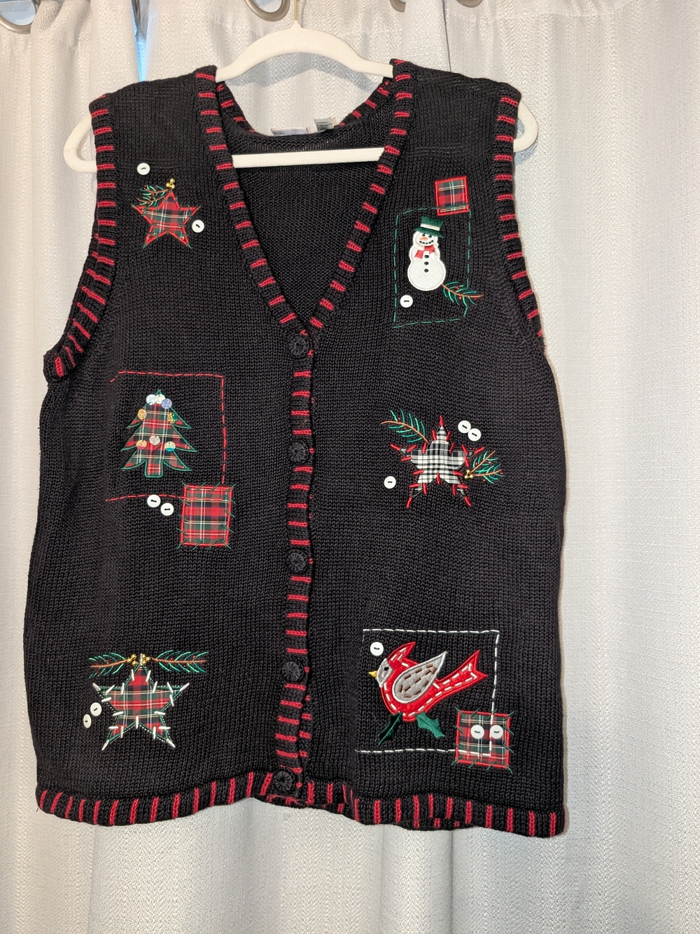 Holiday Editions Black Knit Vest with Red Trim and Holiday Appliqués
